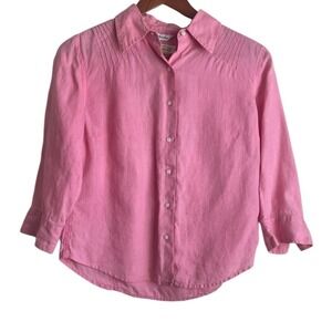 Talbots Womens Irish Linen Shirt Petite S Pink Button Front Preppy Classic Top